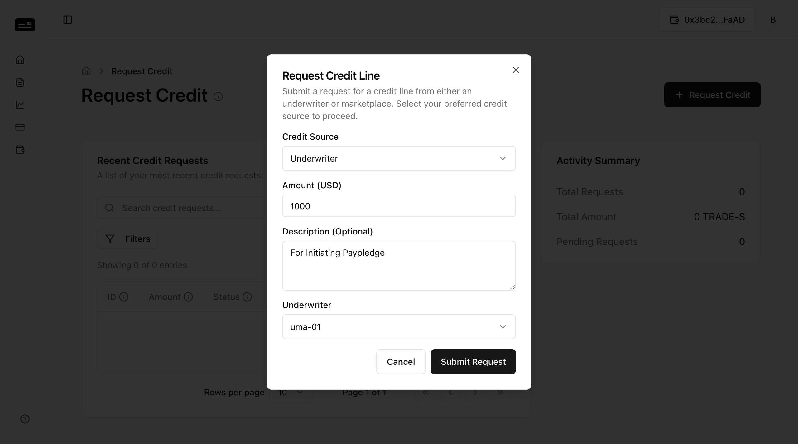 Request Credit Modal