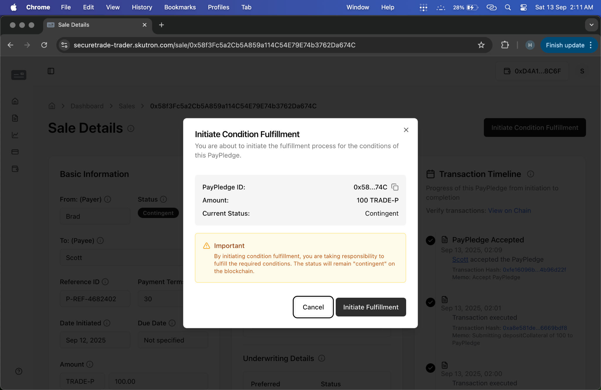 Condition Fulfillment Initiation Modal